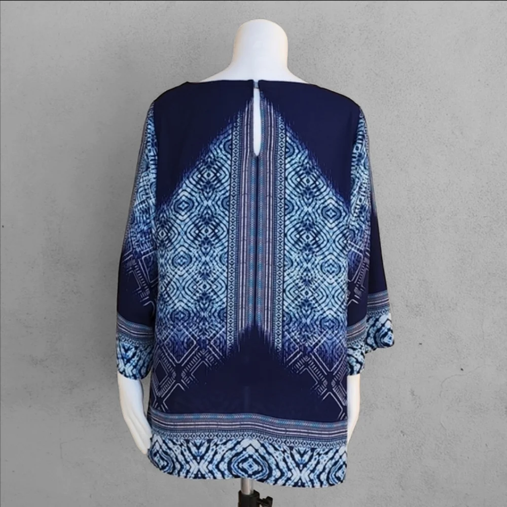 ROSE + OLIVE Batik Blue Tie Dye Tunic Top 1X Plus Tribal Boho Blouse Shirt
